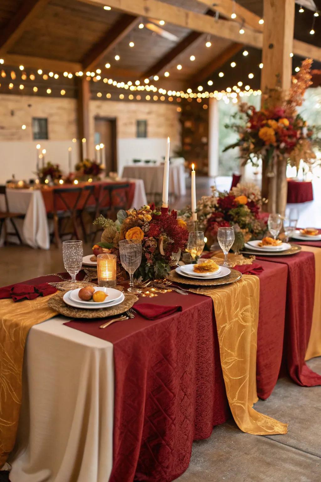 Layered linens in warm tones enhance the refinement of this fall marriage centerpiece.
