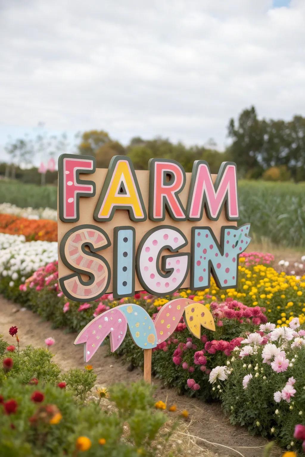 A whimsical and ingenious farm sign showcasing fanciful designs.
