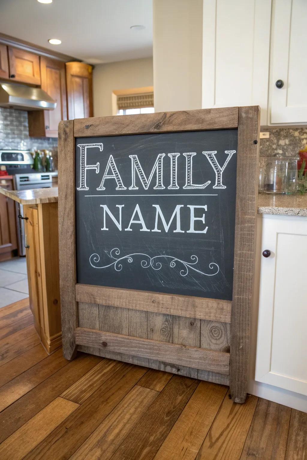 A chalkboard-inspired surname display contributing charm to a kitchen.