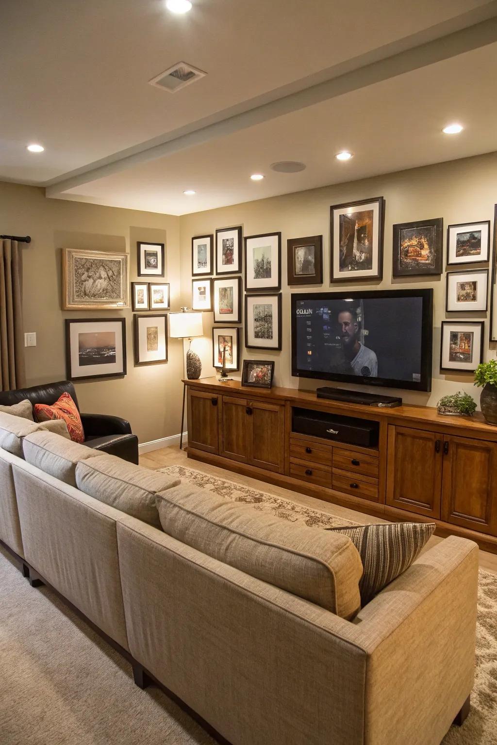 A gallery wall transforms the TV into a curated décor element.