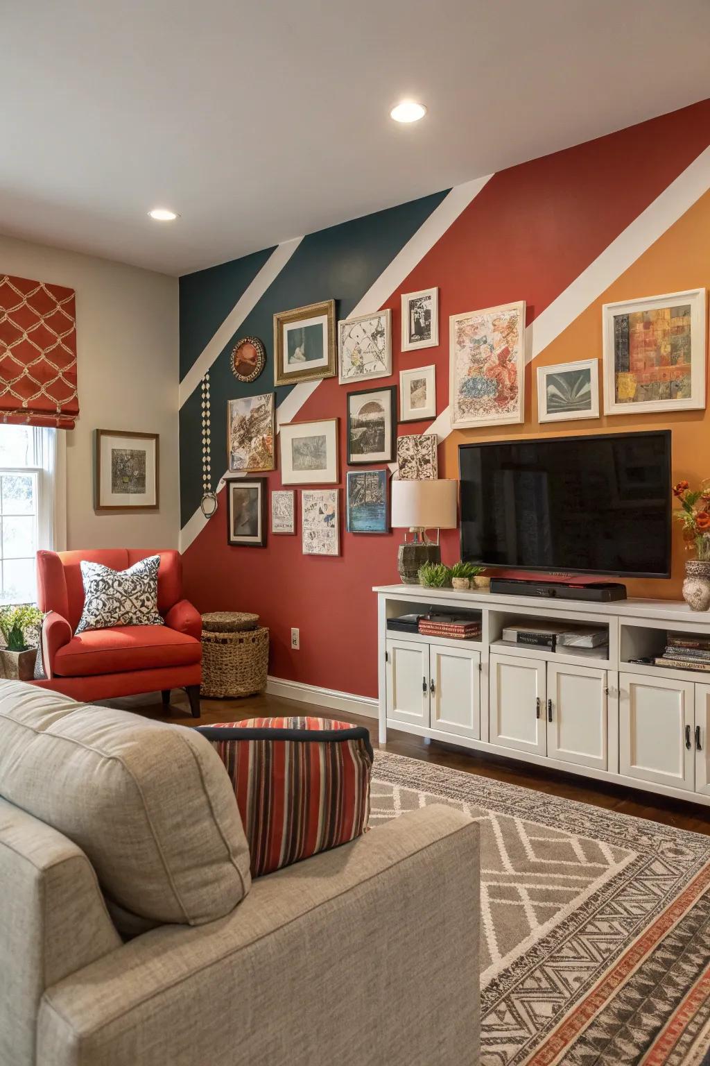 A family room elevated by a bold feature wall.