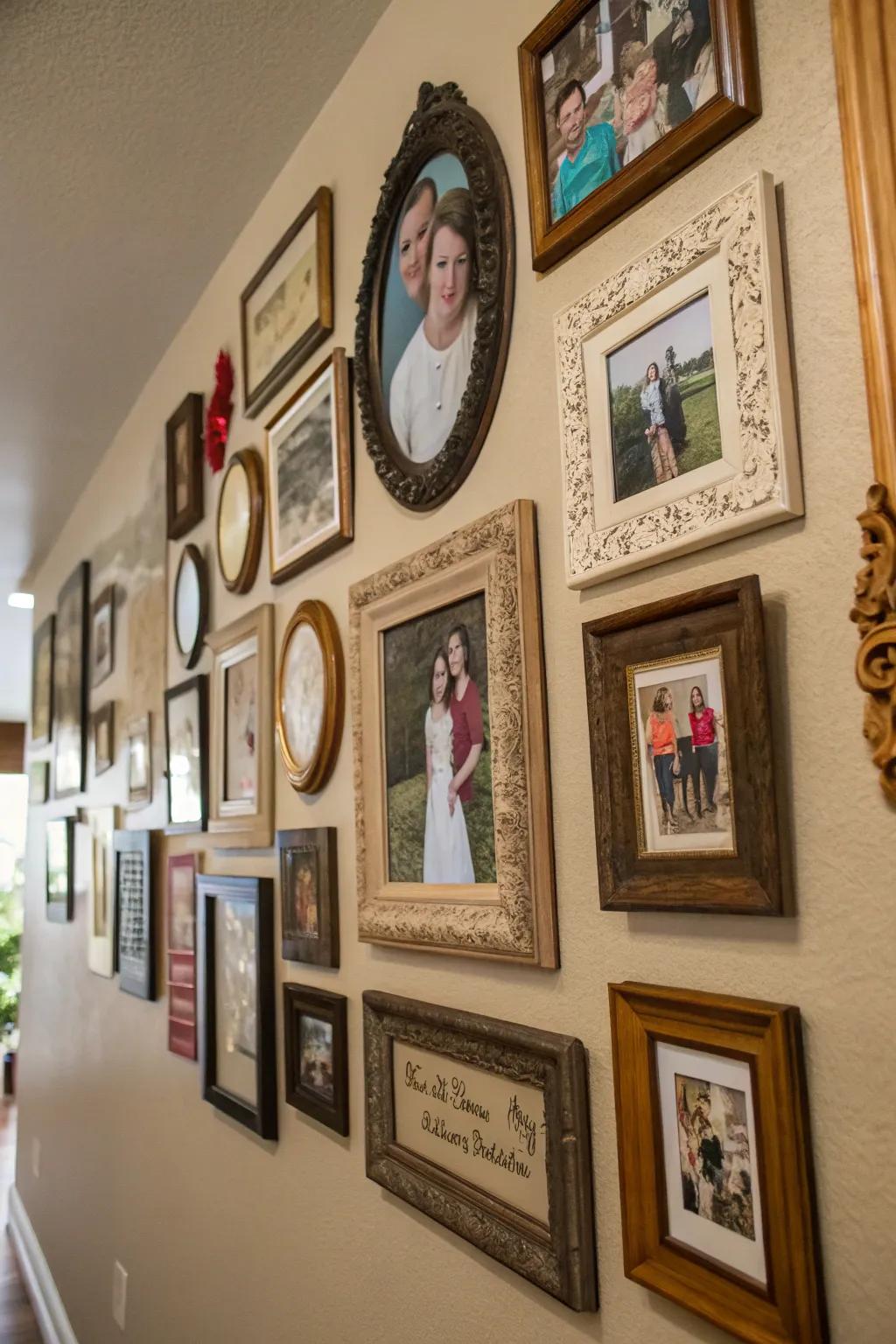 An adaptable compilation of frames contributing charm to the family wall.