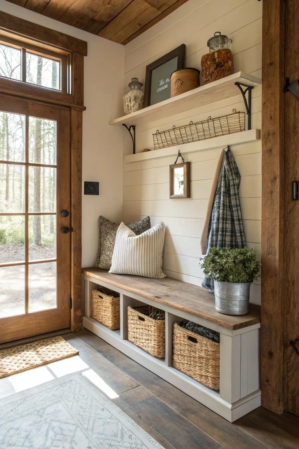 An open shelf under the bench offers display and storage capabilities.
