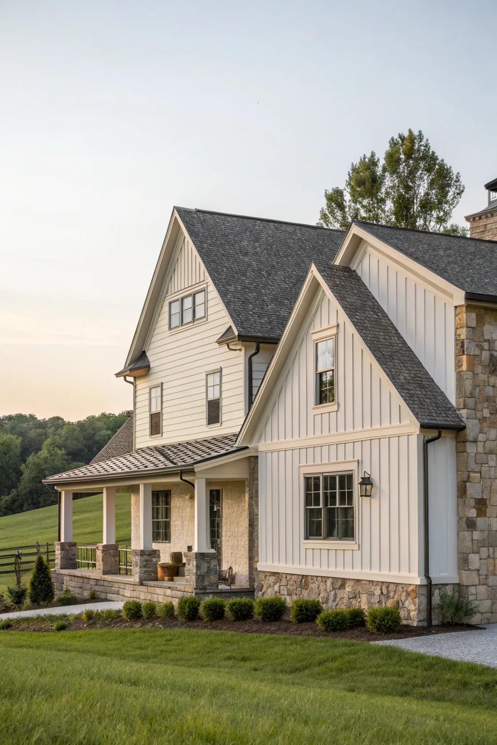 An eggshell facade paired with stone accents for timeless elegance.