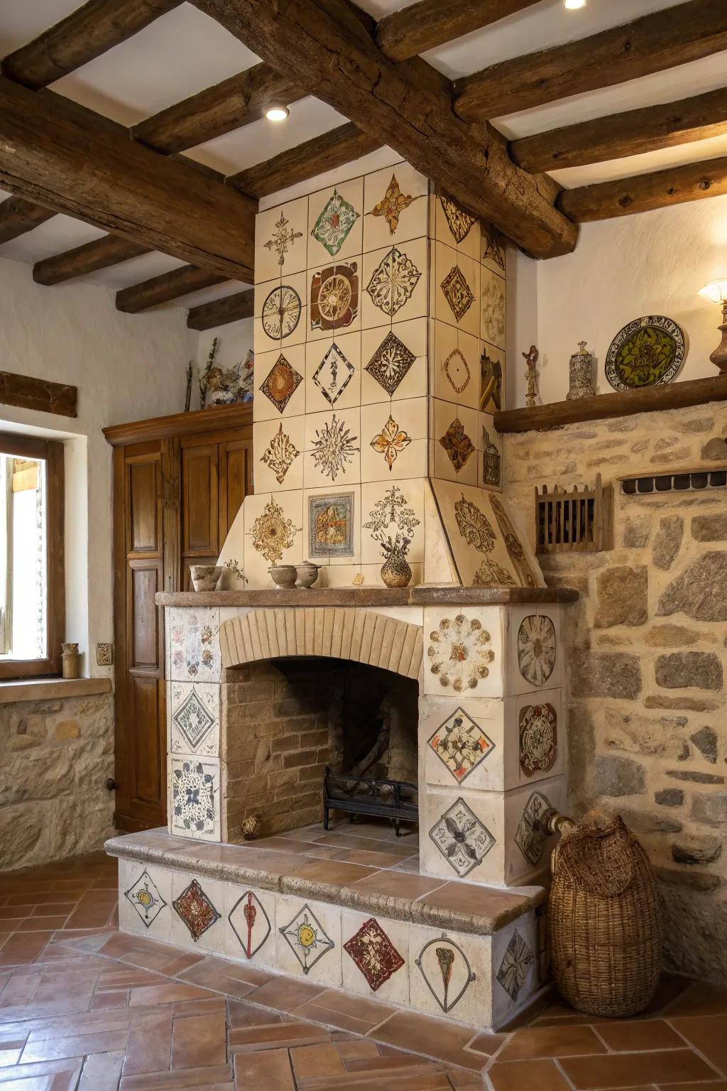 Unconventional tile forms contributing uniqueness to a farmhouse fireplace.