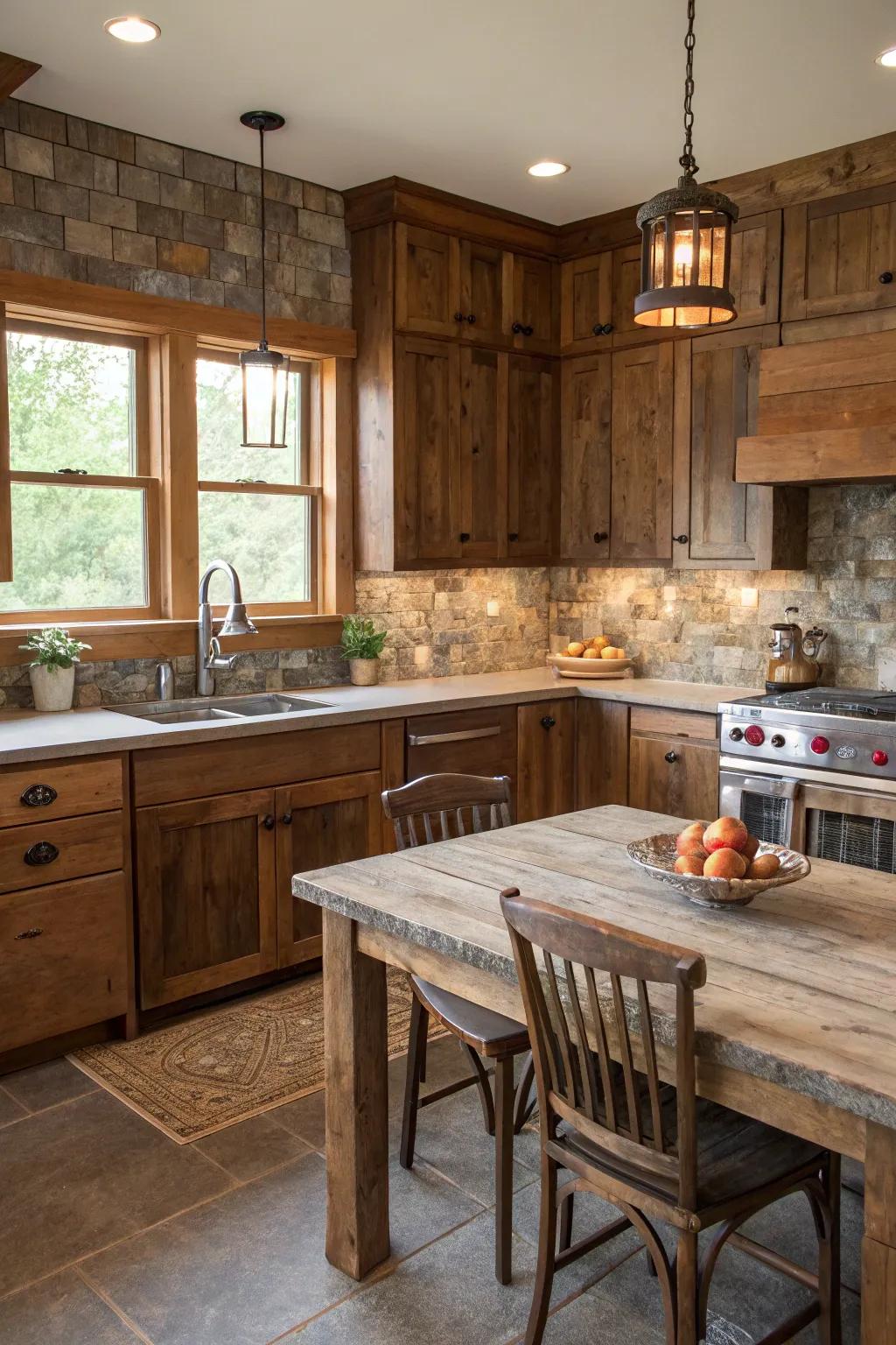 A country-style kitchen featuring a backsplash crafted from upcycled materials.