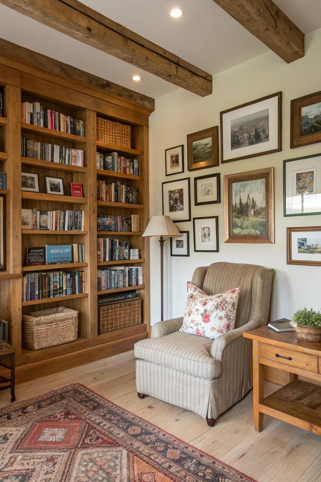 A gallery wall personalizes the library with family memories and artwork.