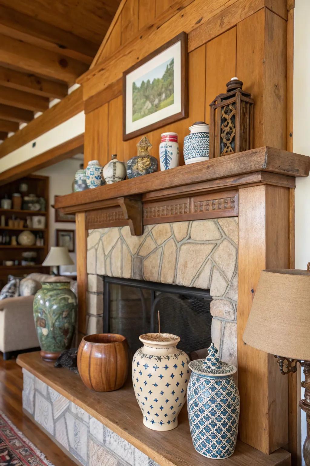A varied pottery mix introduces an artisanal quality to the mantel.
