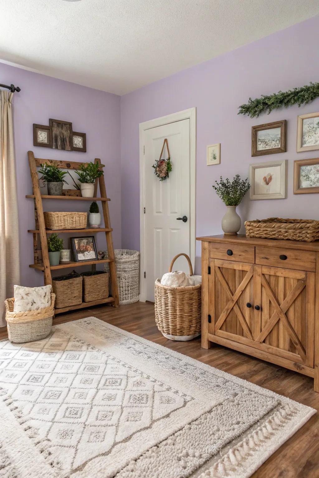Bright lavender walls offer a fresh, airy feel to this farmhouse space.