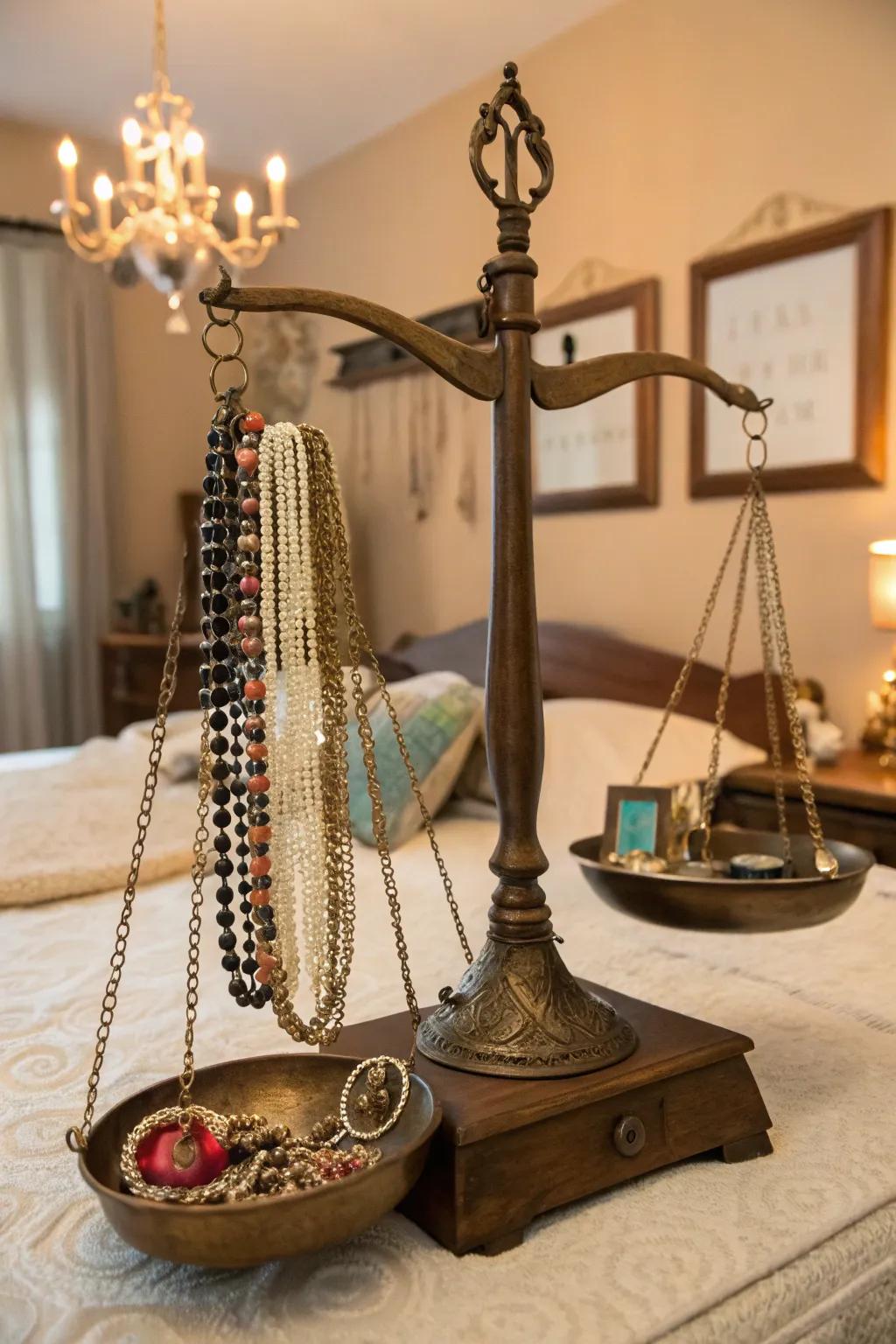 An elegant jewelry display employing a vintage scale.