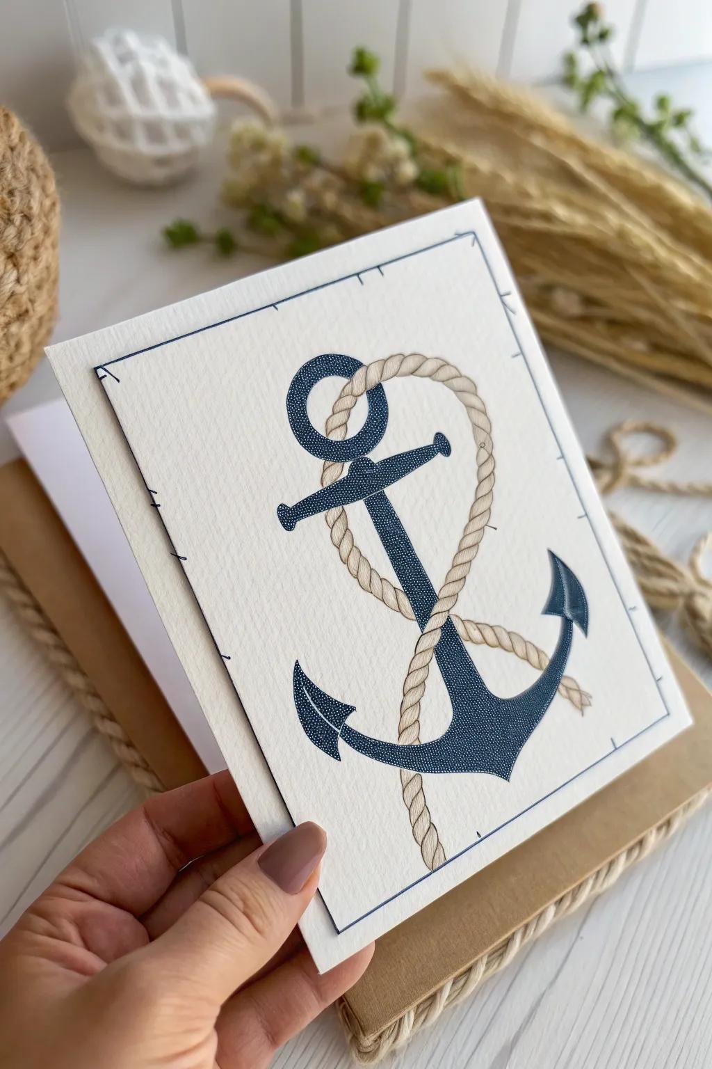 <strong><em>Celebrate Dad’s steadfast affection through a nautical-themed Father’s Day card that exudes minimalist refinement and heartfelt warmth.</em></strong>” loading=”lazy” class=”pimg”>
	</picture><figcaption><strong><em>Celebrate Dad’s steadfast affection through a nautical-themed Father’s Day card that exudes minimalist refinement and heartfelt warmth.</em></strong></figcaption></figure>
<p>Adorn the card with an anchor and append a missive declaring Dad as your anchor. This theme resonates with fathers who cherish the sea, furnishing them with a card suffused with warmth and stability.</p>
<h3>Products that could assist:</h3>
<ul class=