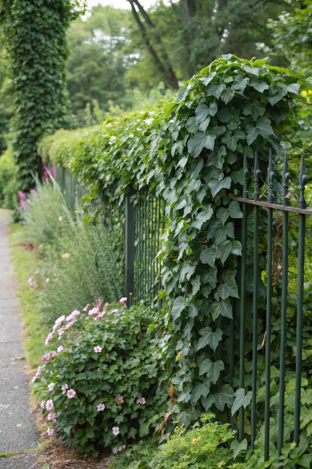 Ivy weaves a bewitching verdant tapestry across fencing infrastructures.