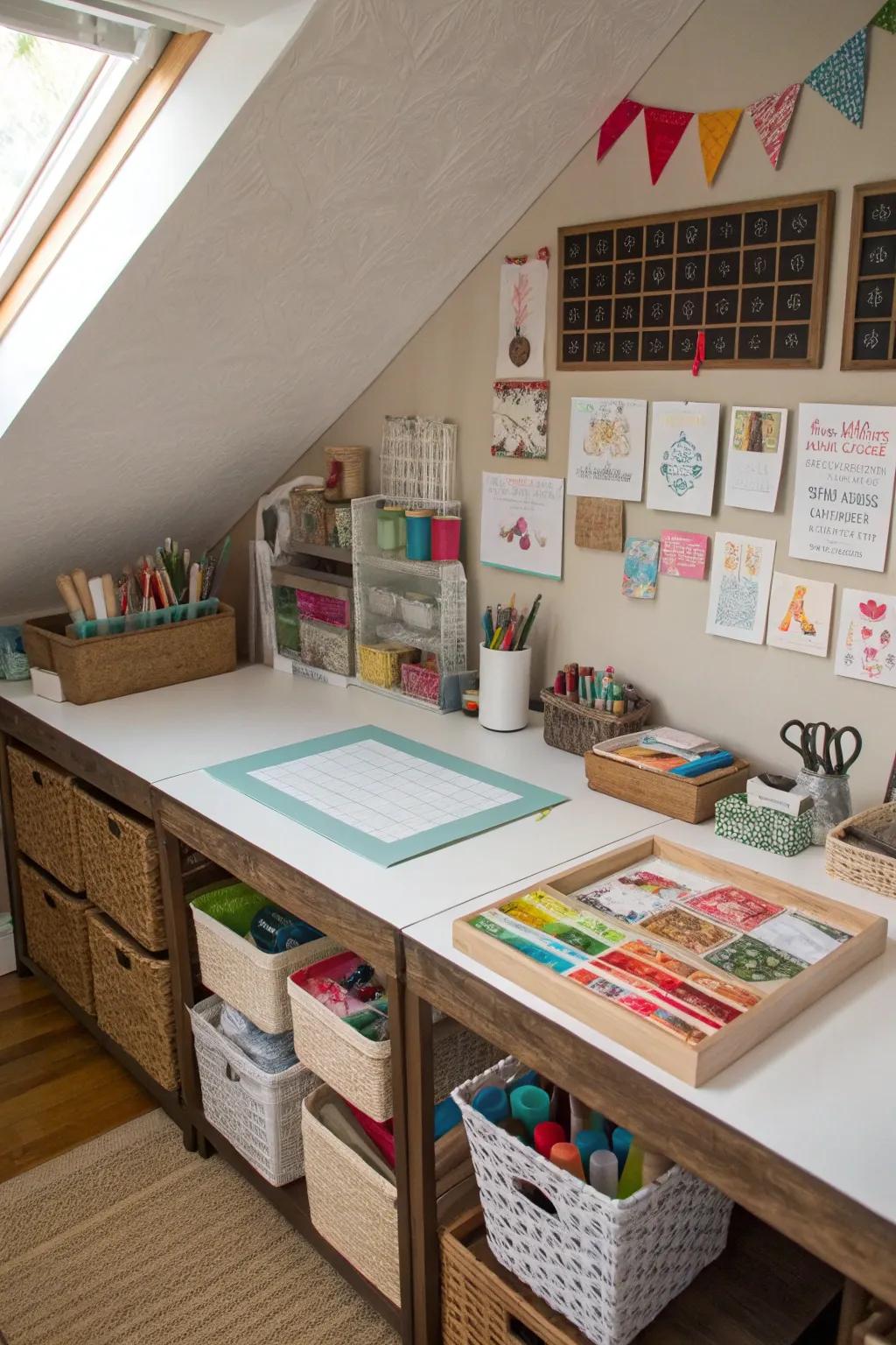 A dedicated attic space for crafting and creativity.
