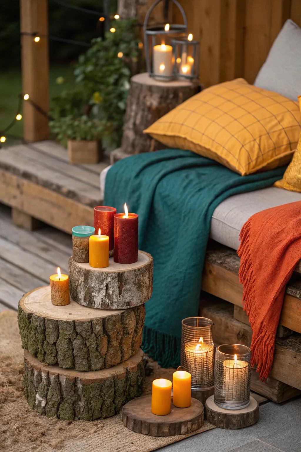 Embrace pastoral charm via illuminations atop logs fashioned for a snug cabin vibe.