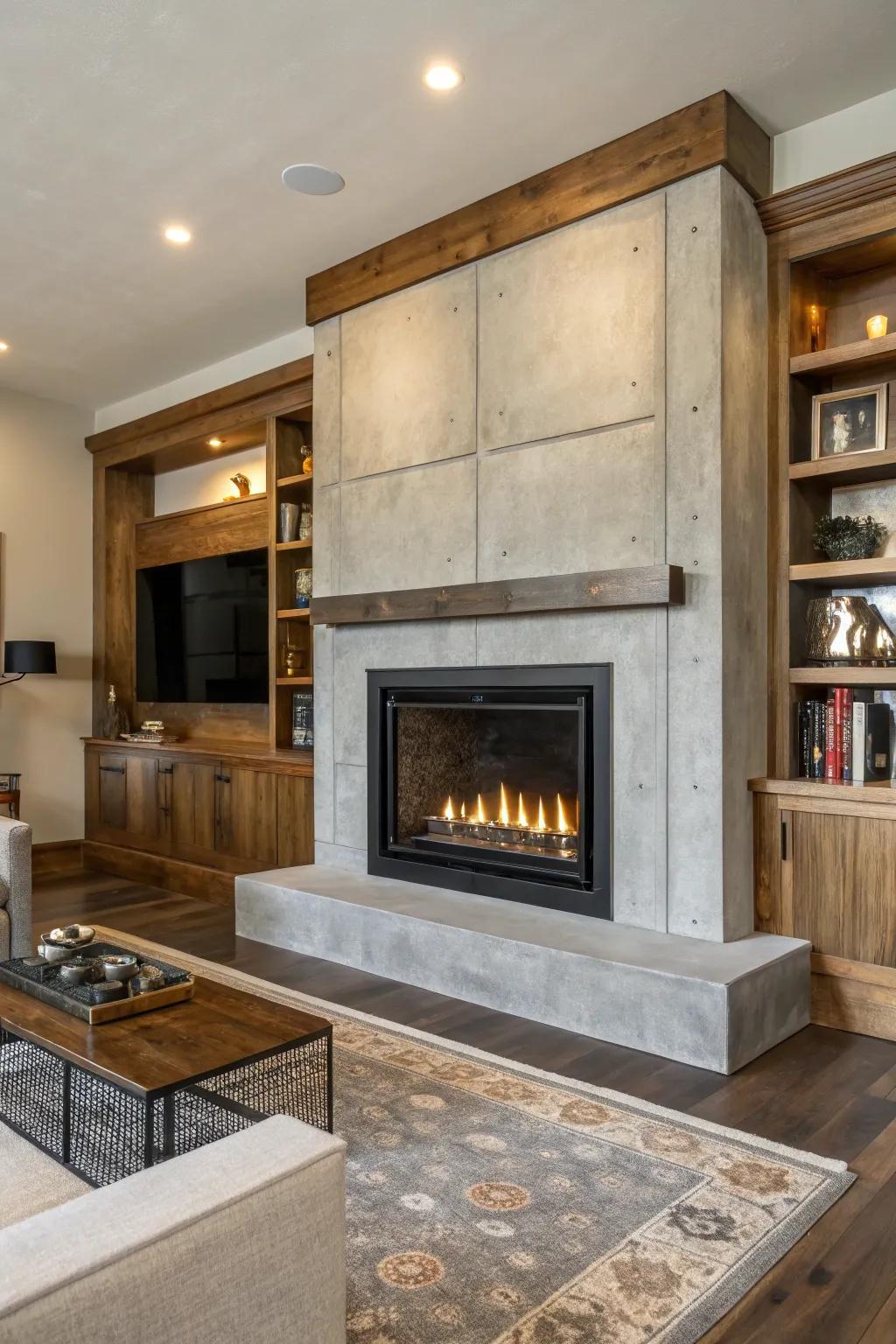 Concrete facades create a contemporary industrial aesthetic.