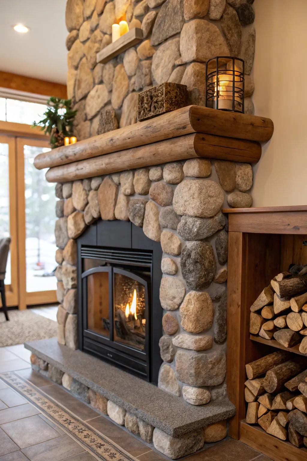 Achieve harmony using a stone and lumber fireplace combination.