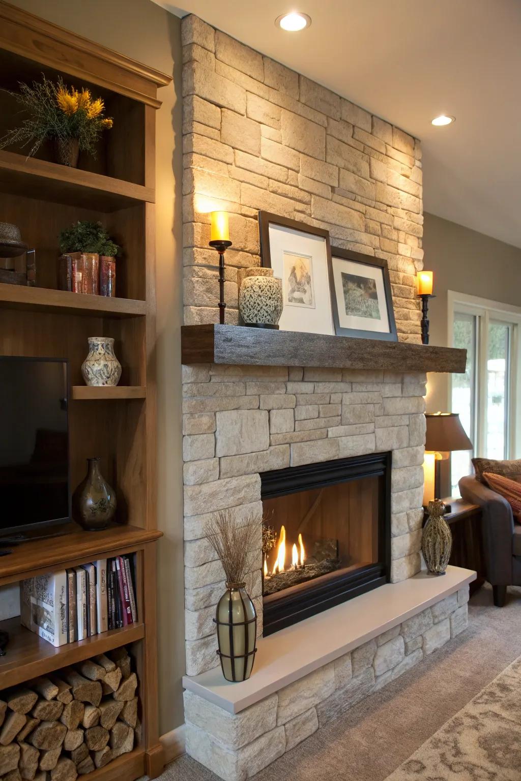 A floating shelf extends versatile presentation prospects.