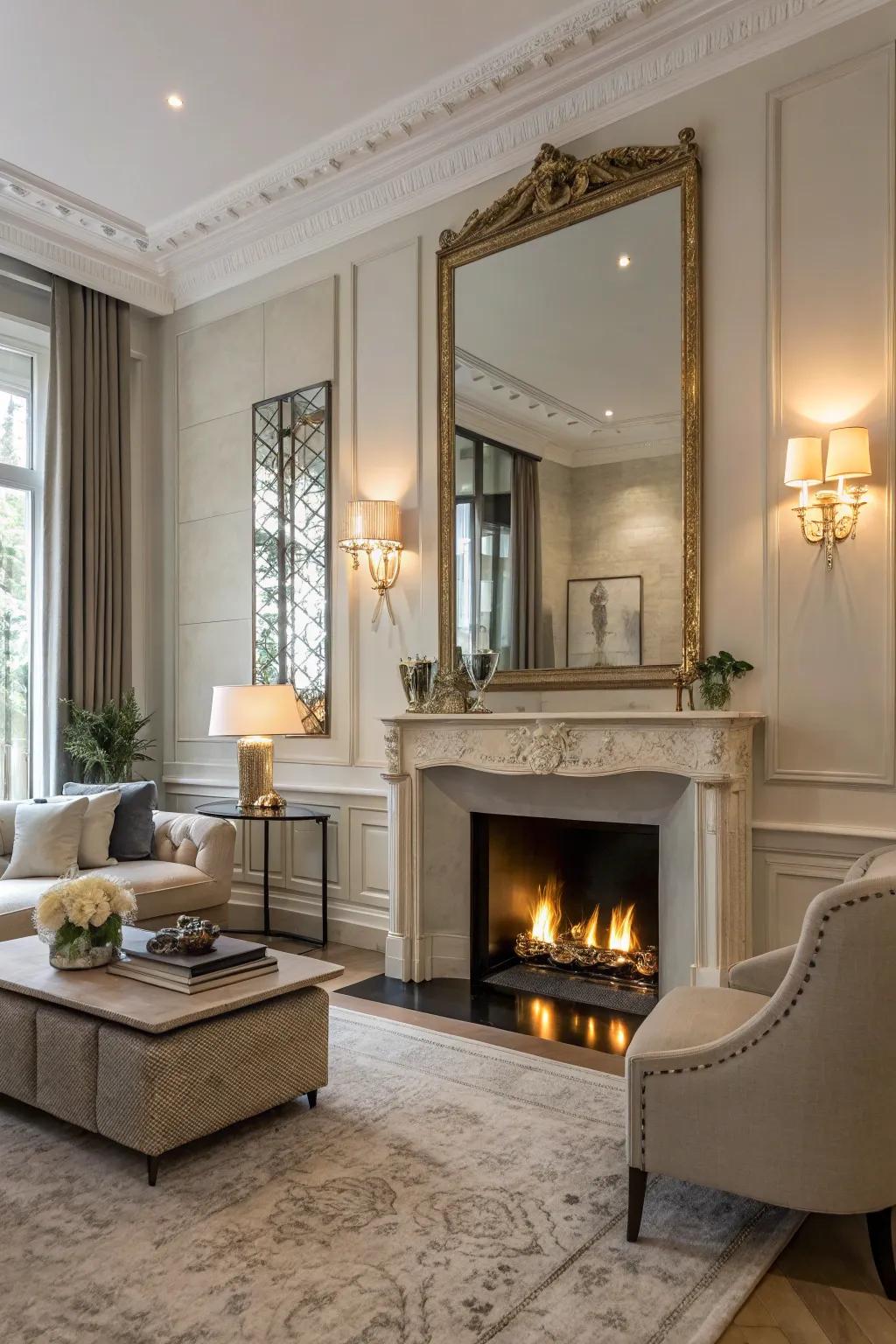 Mirrors add depth and light to your fireplace setting.