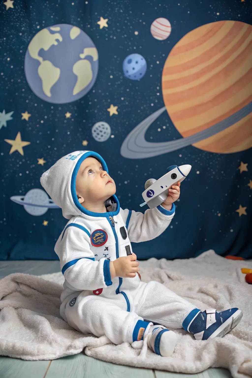 An astronaut costume for a cosmic initial Halloween adventure.