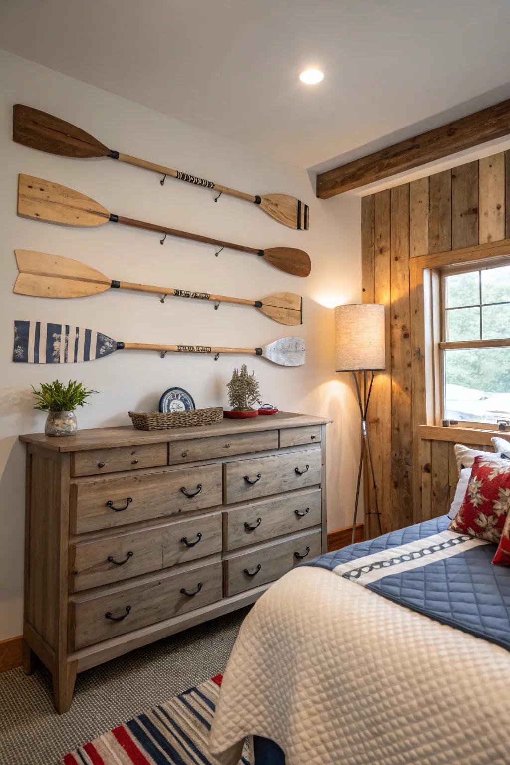 Rowing implements on the wall compose a striking nautical assertion.