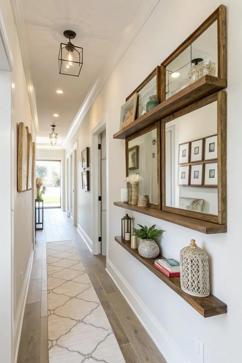 Upgrade your hallway using mirrors on floating shelves.