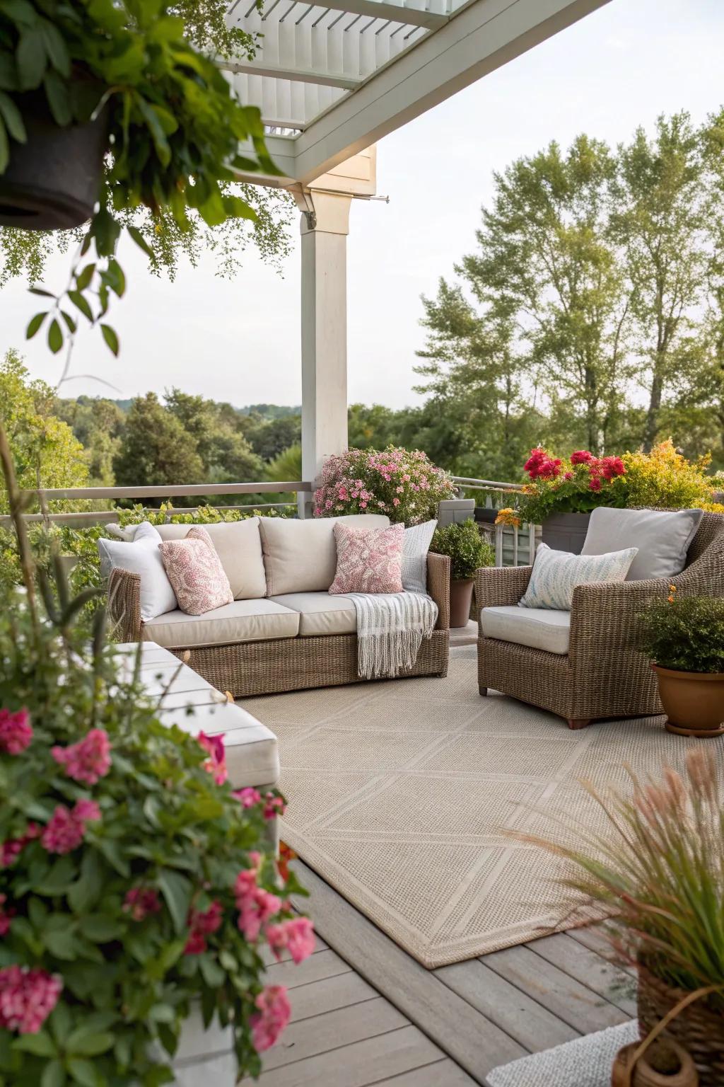 Outdoor floor coverings invite you to create an oasis of comfort and style in your garden or balcony.