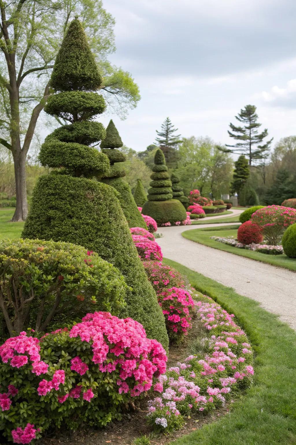 Introduce artistry with azalea sculptures in your garden.