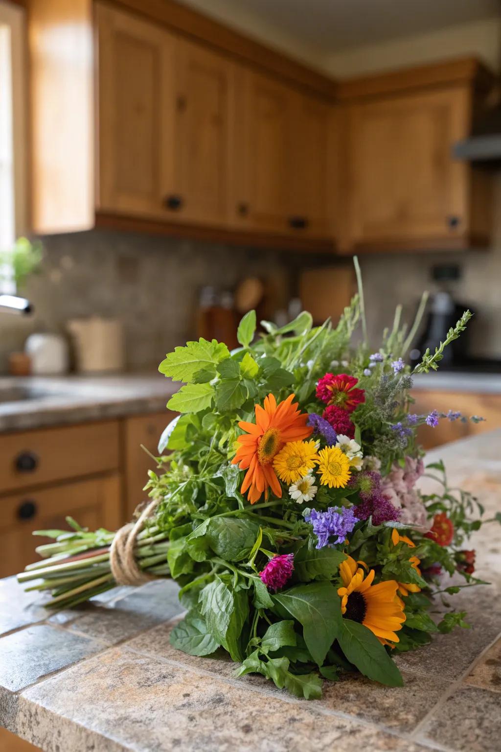 An edible bouquet infusing fragrance and beauty into a rustic kitchen.