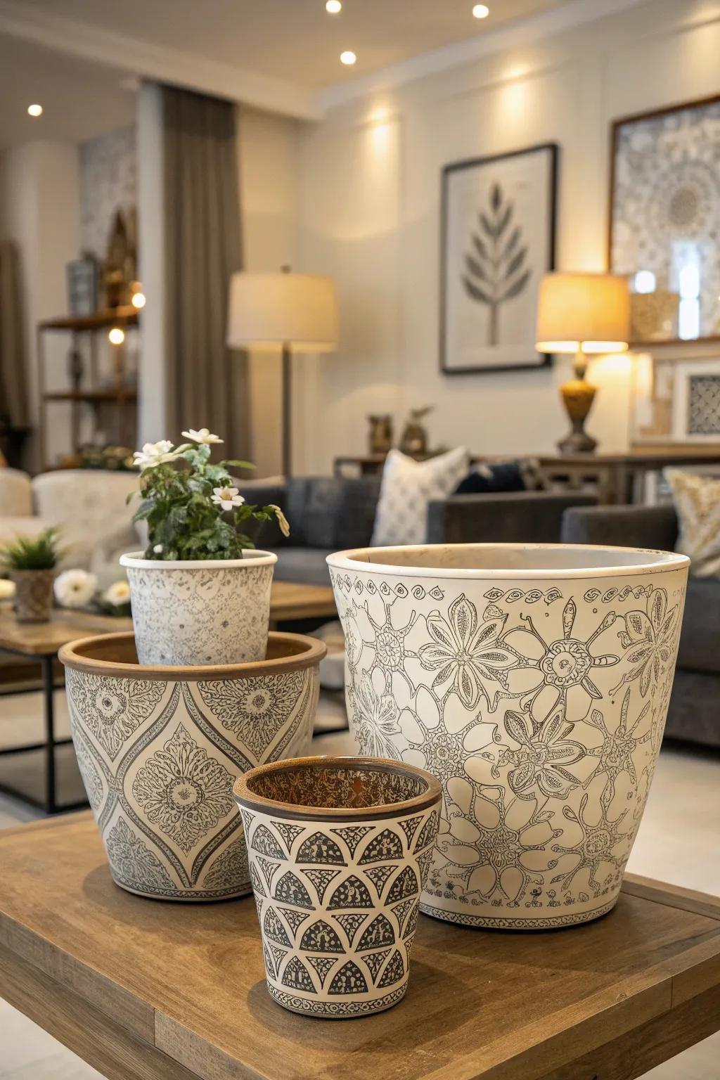 Decoupage flower containers showcasing artistic flair.