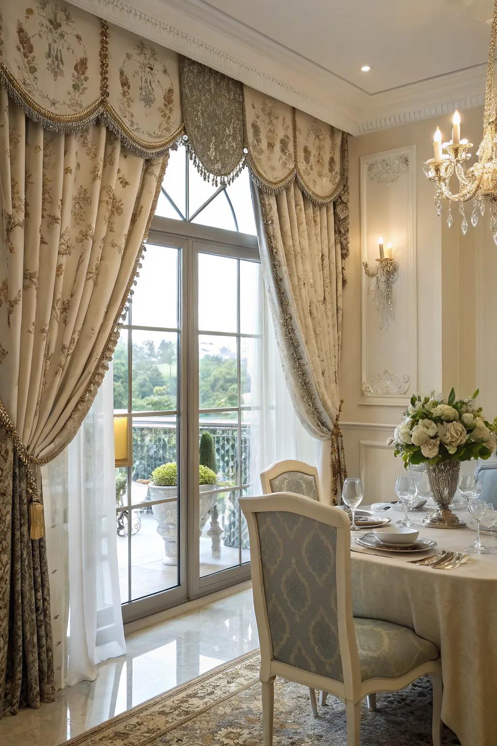 Decorative fasteners add style and detail to the window coverings in this dining area.