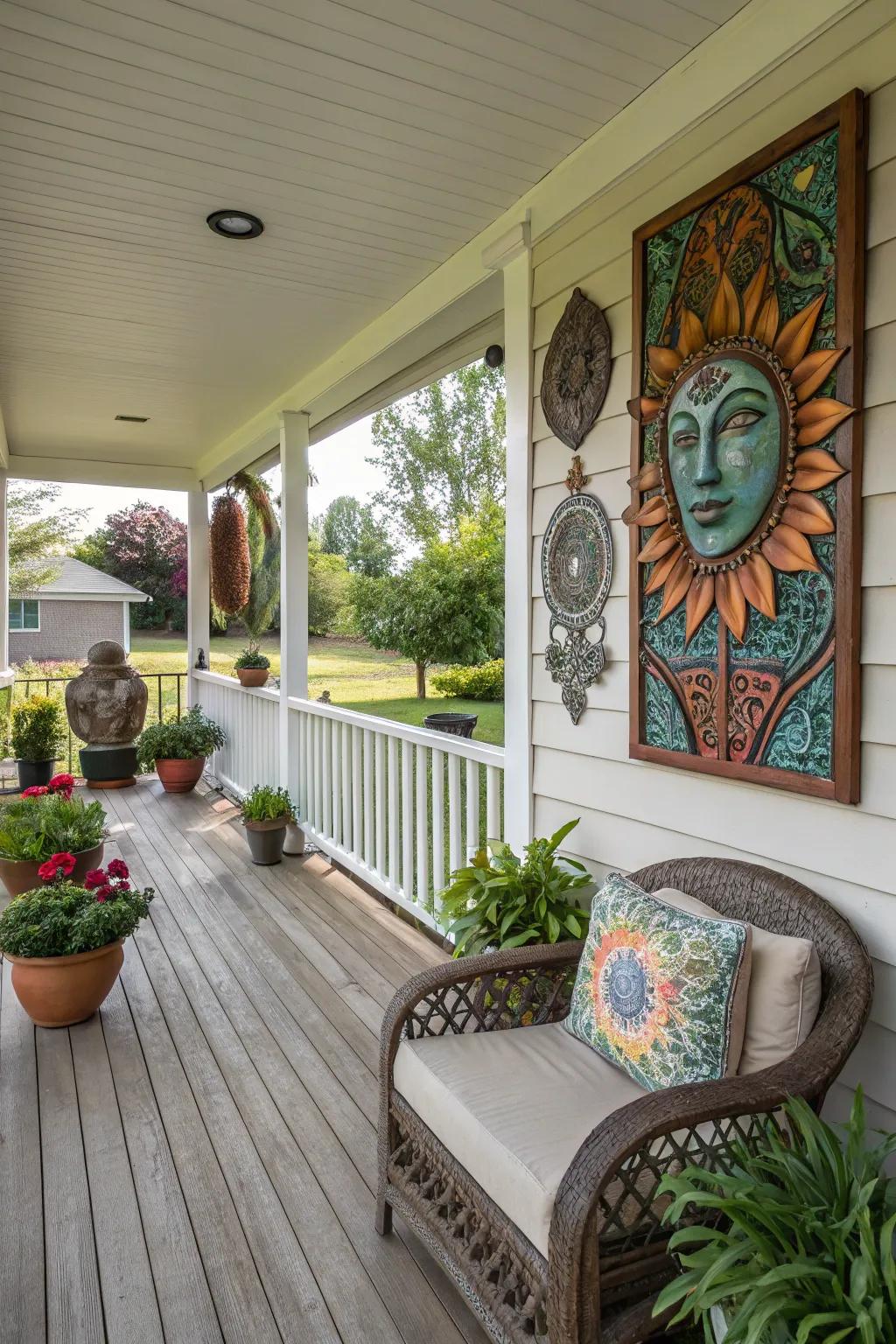 Your porch gains a creative touch and personality from artistic accents.