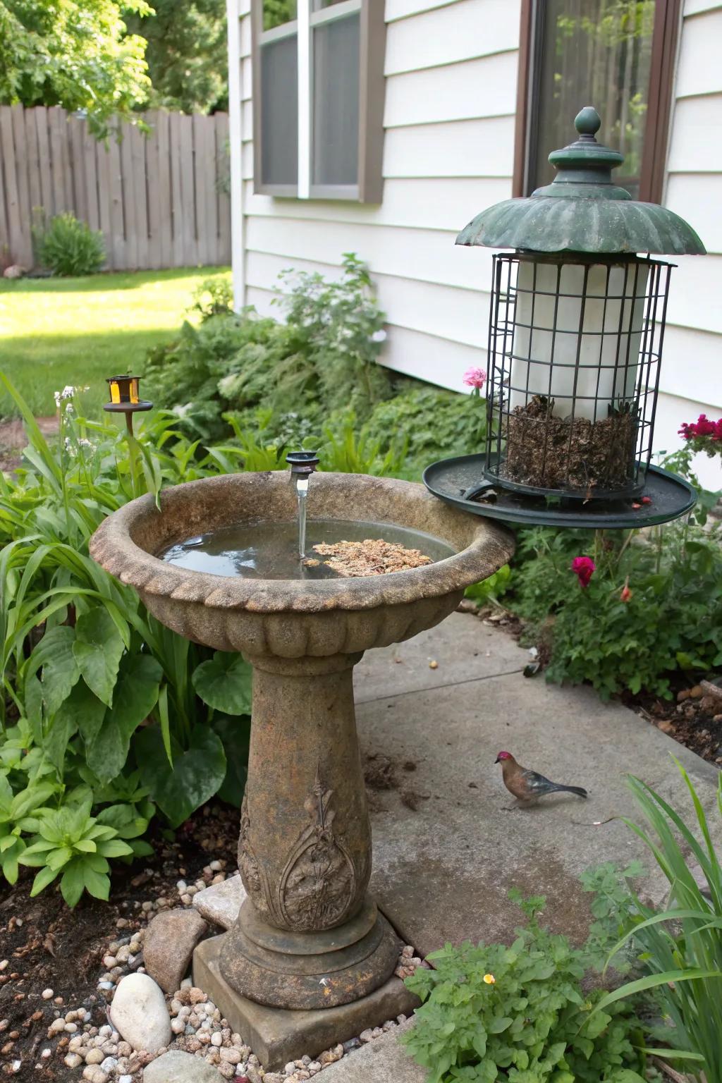 A bird retreat in a corner lot garden attracts local wildlife.