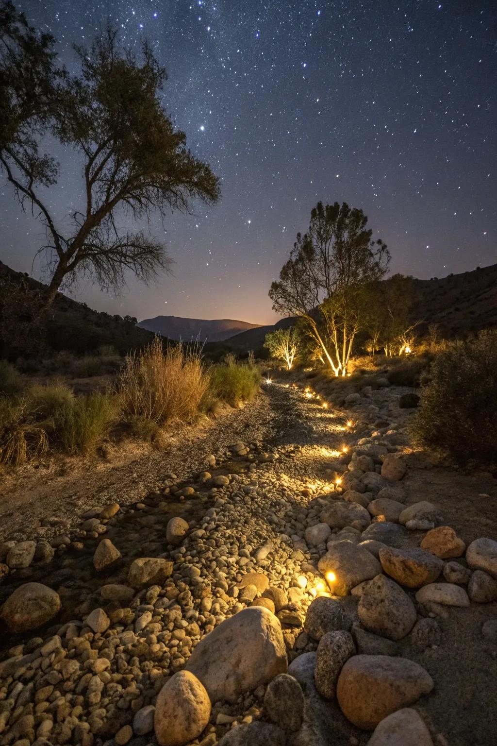 LED lights cast a magical glow onto your dry creek bed during night hours.