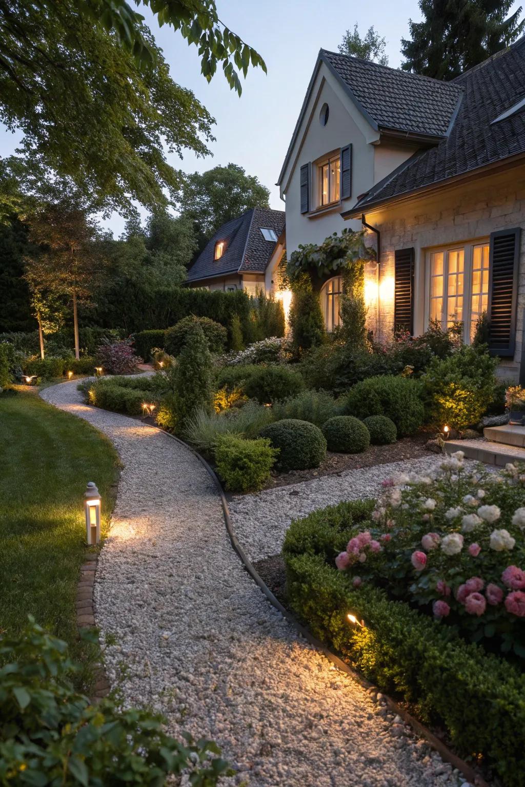 Strategically positioned lighting along gravel paths fosters an enchanting nocturnal ambiance.