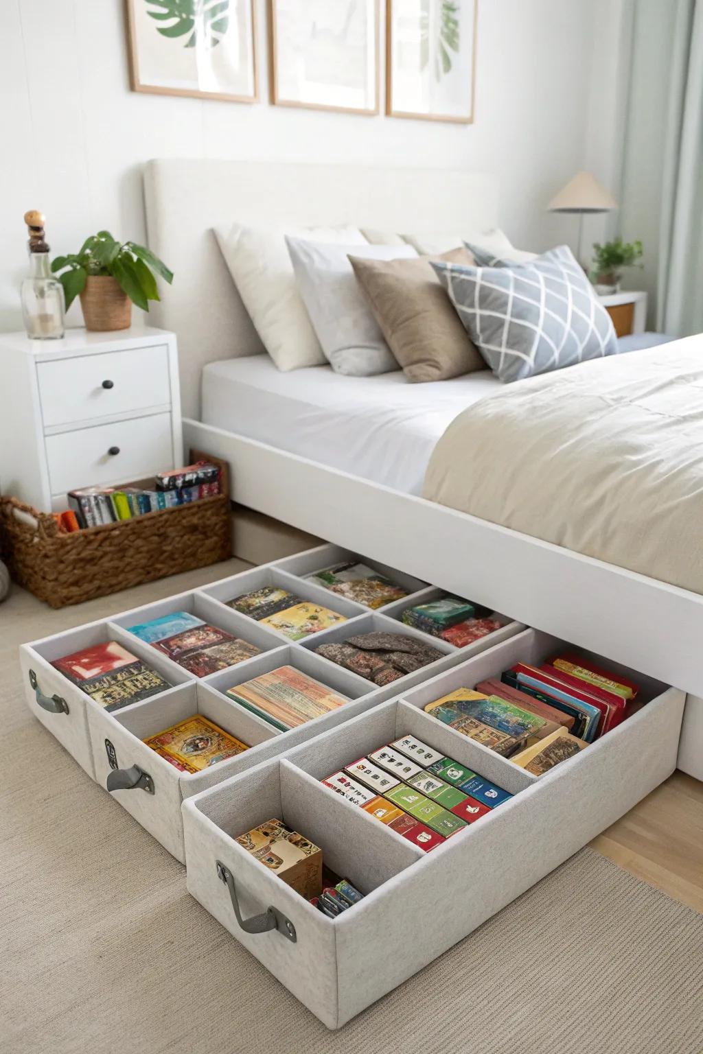 Under-bed storage presents an ingenious space-saving method.