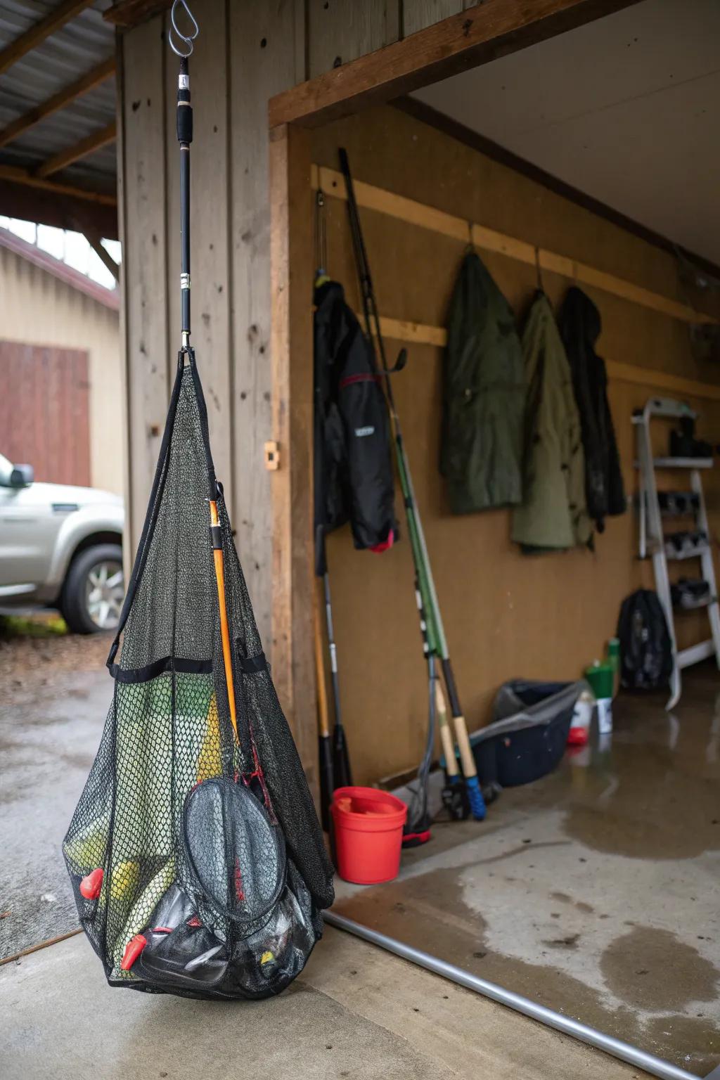 A mesh sack provides a breathable solution for drying wet fishing gear in the garage.