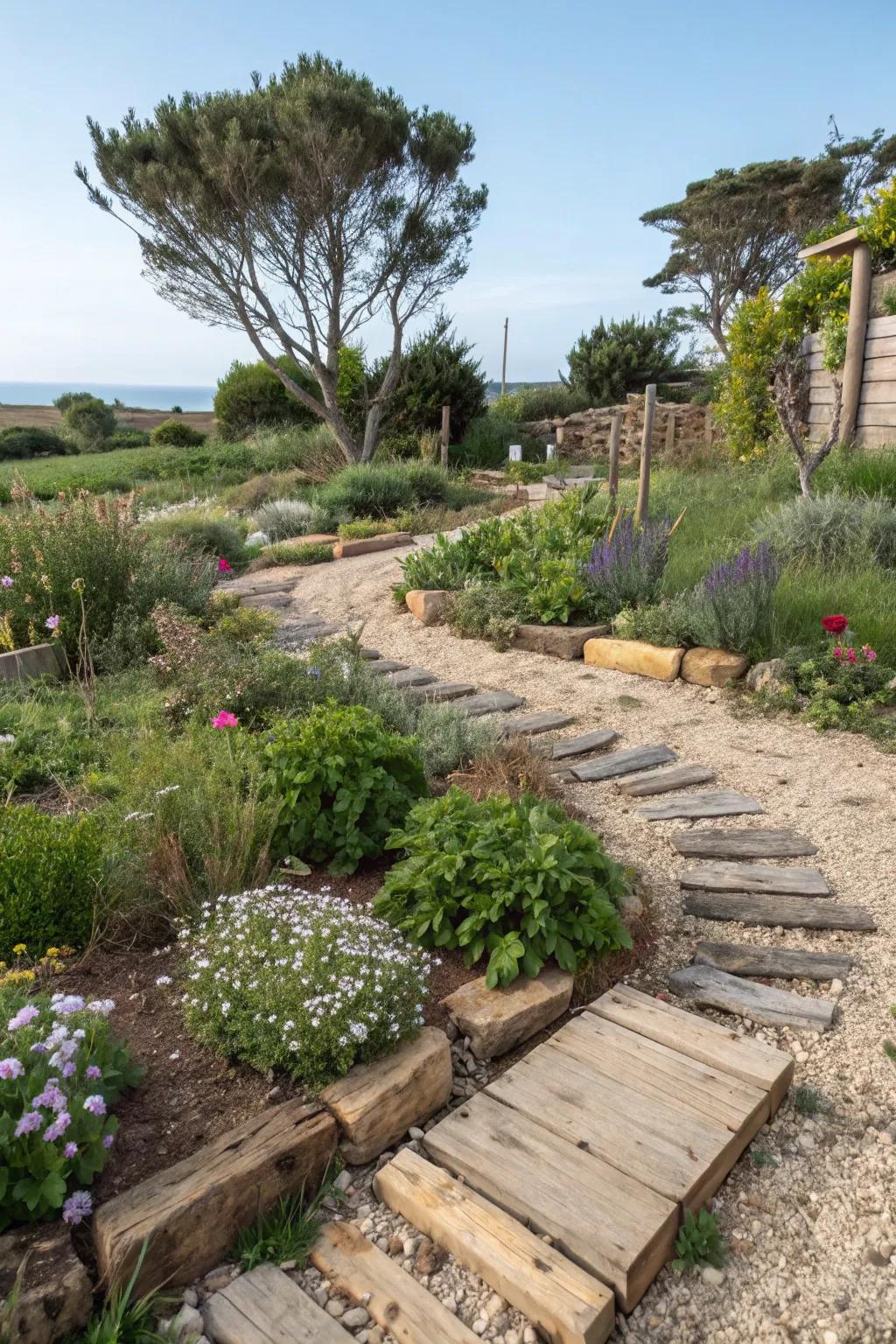 A garden that combines beauty and sustainability using eco-conscious materials.