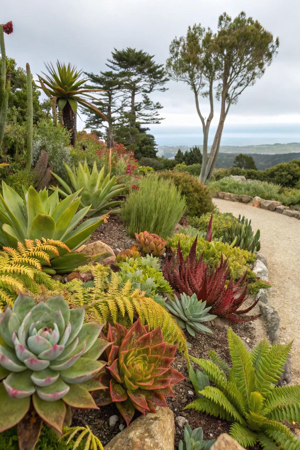 A garden showcasing unusual plant variations, including succulents and rare ferns.