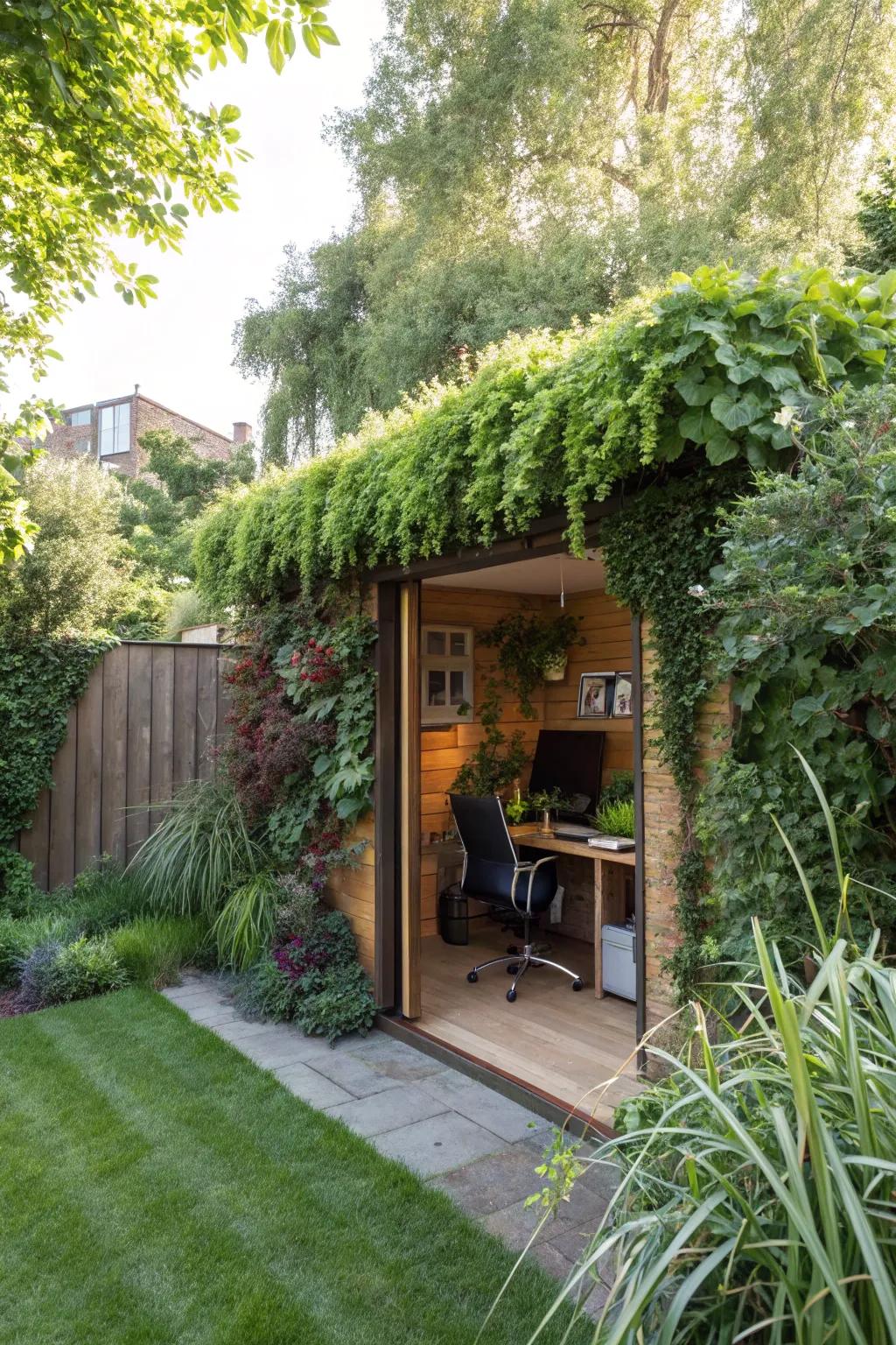 A secret garden office, cleverly concealed behind a vibrant botanical wall.