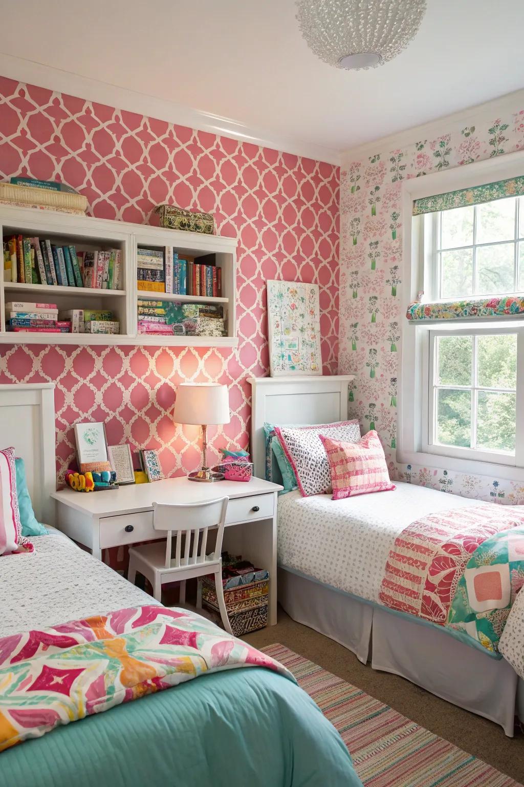 Audacious wall covering establishes a playful and inventive ambiance in a shared bedroom.