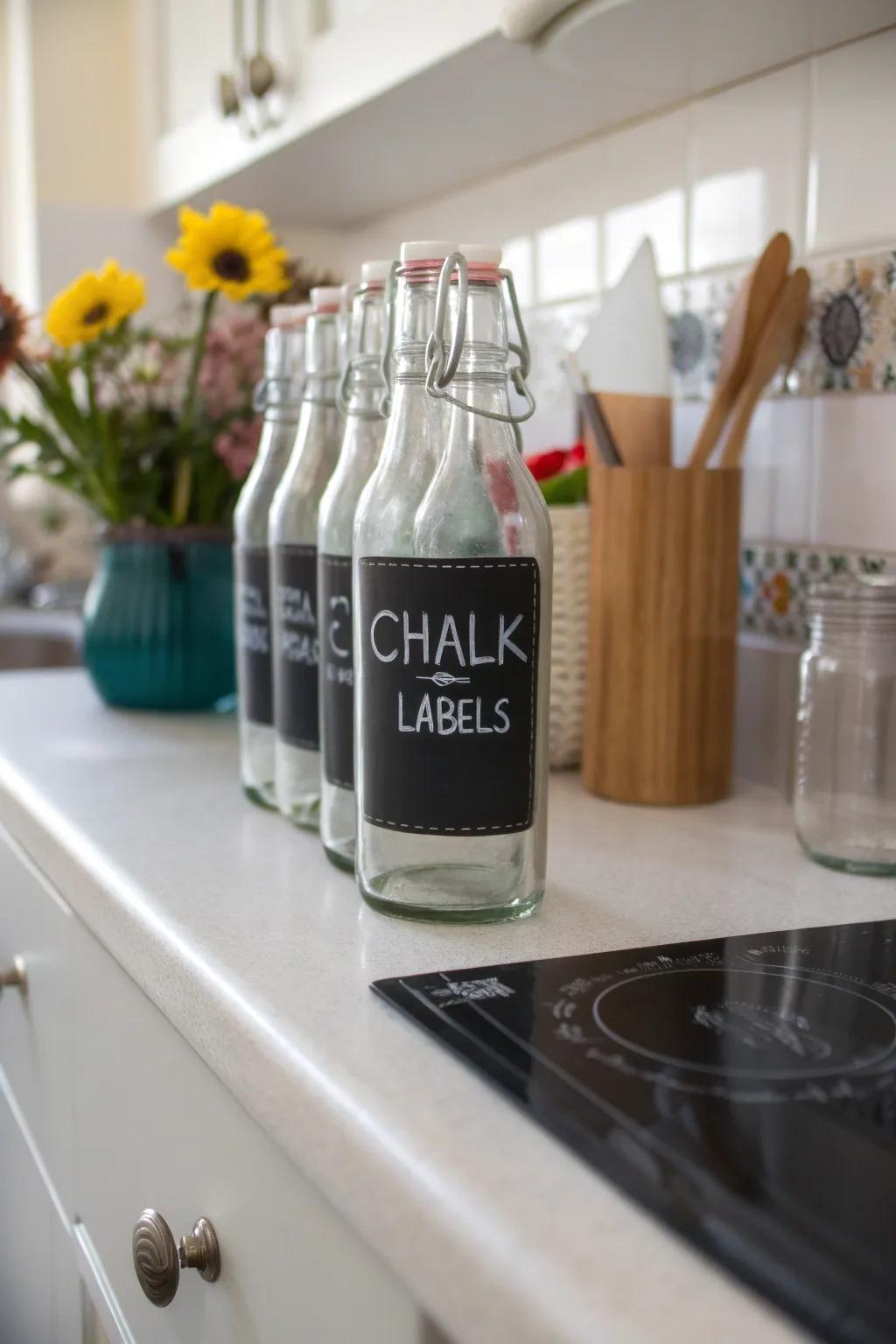 Blackboard labeled bottles adding stylish organization.
