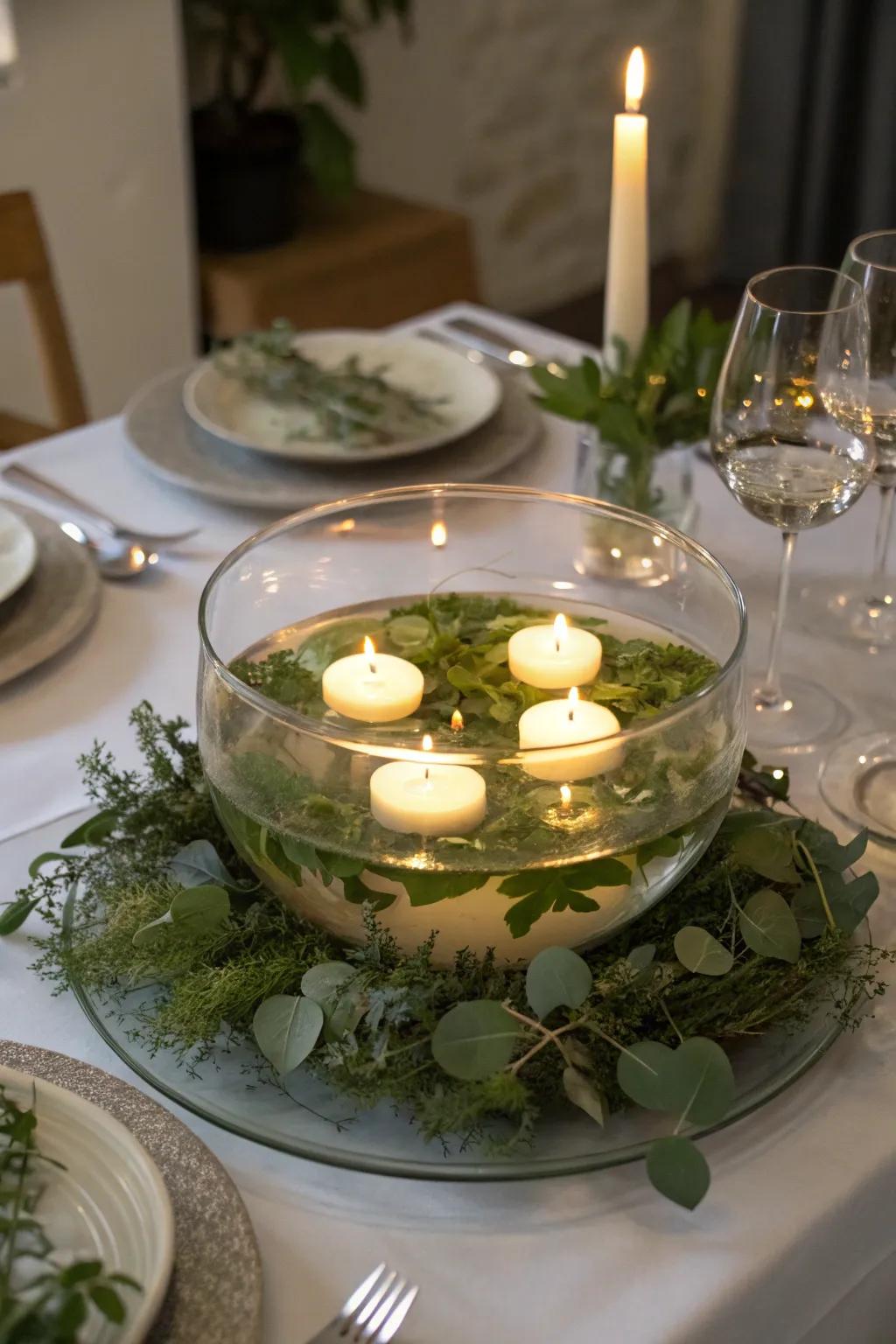 Candlelit serenity, evidenced by oscillating candles nestled within a crystal vessel.