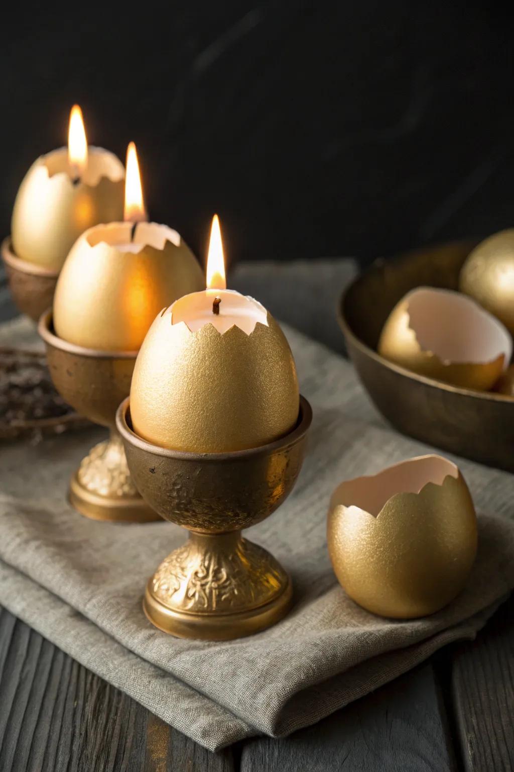 Gilded egg wax light vessels cast a comforting radiance for Easter.