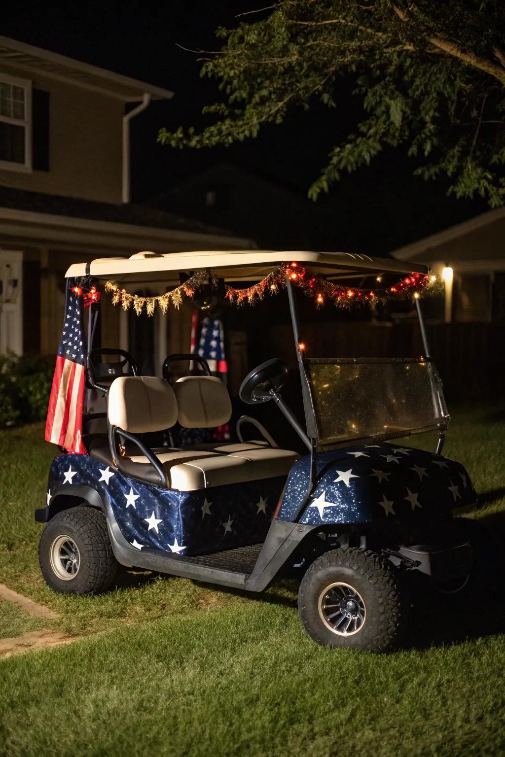 A golf cart that embodies the quintessence of a starry winter evening.