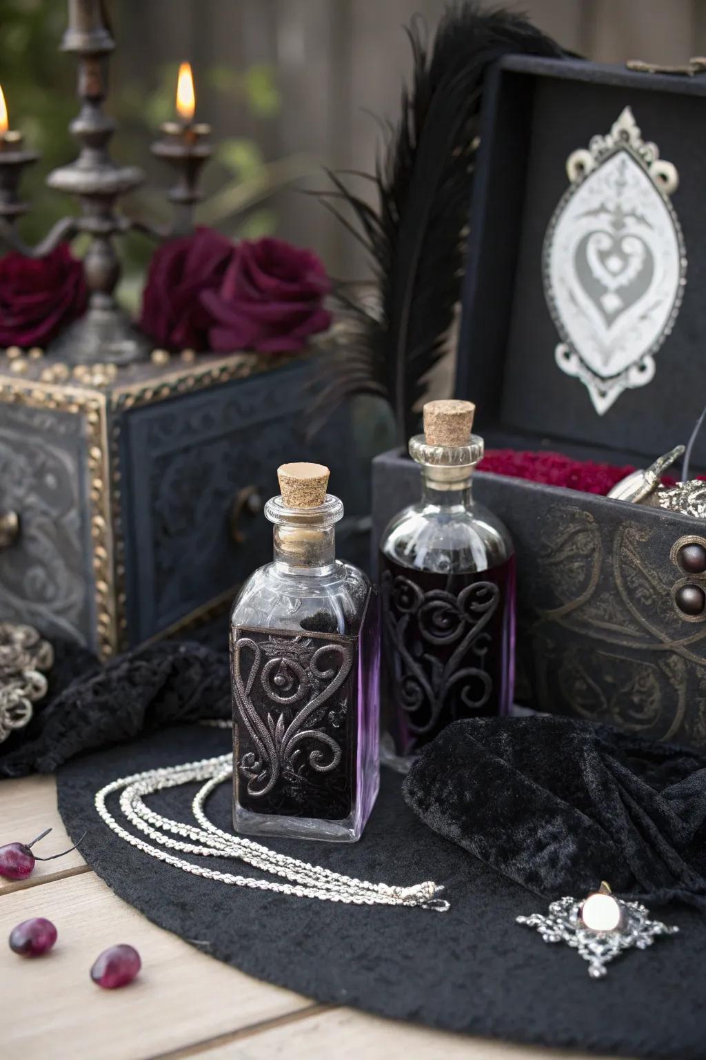 Gothic wedding gifts exhibiting love serum vials.