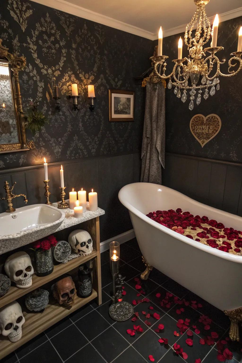Gothic trinkets append individuality including design to the bathroom.