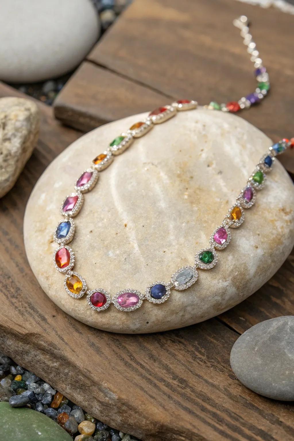 A vibrant pendant with colorful gemstone accents.