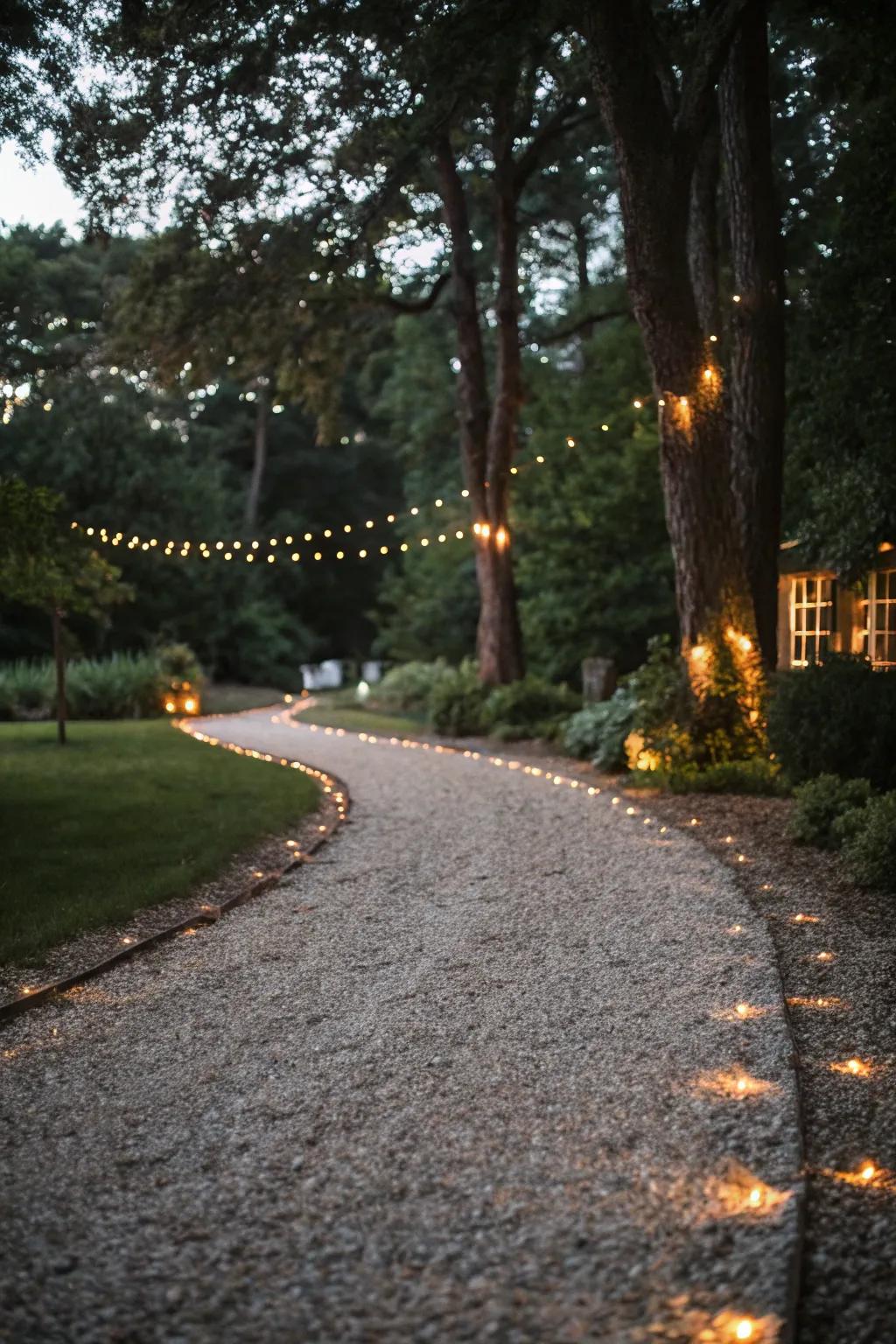 Illumination enhances this gravel driveway's beauty at night.
