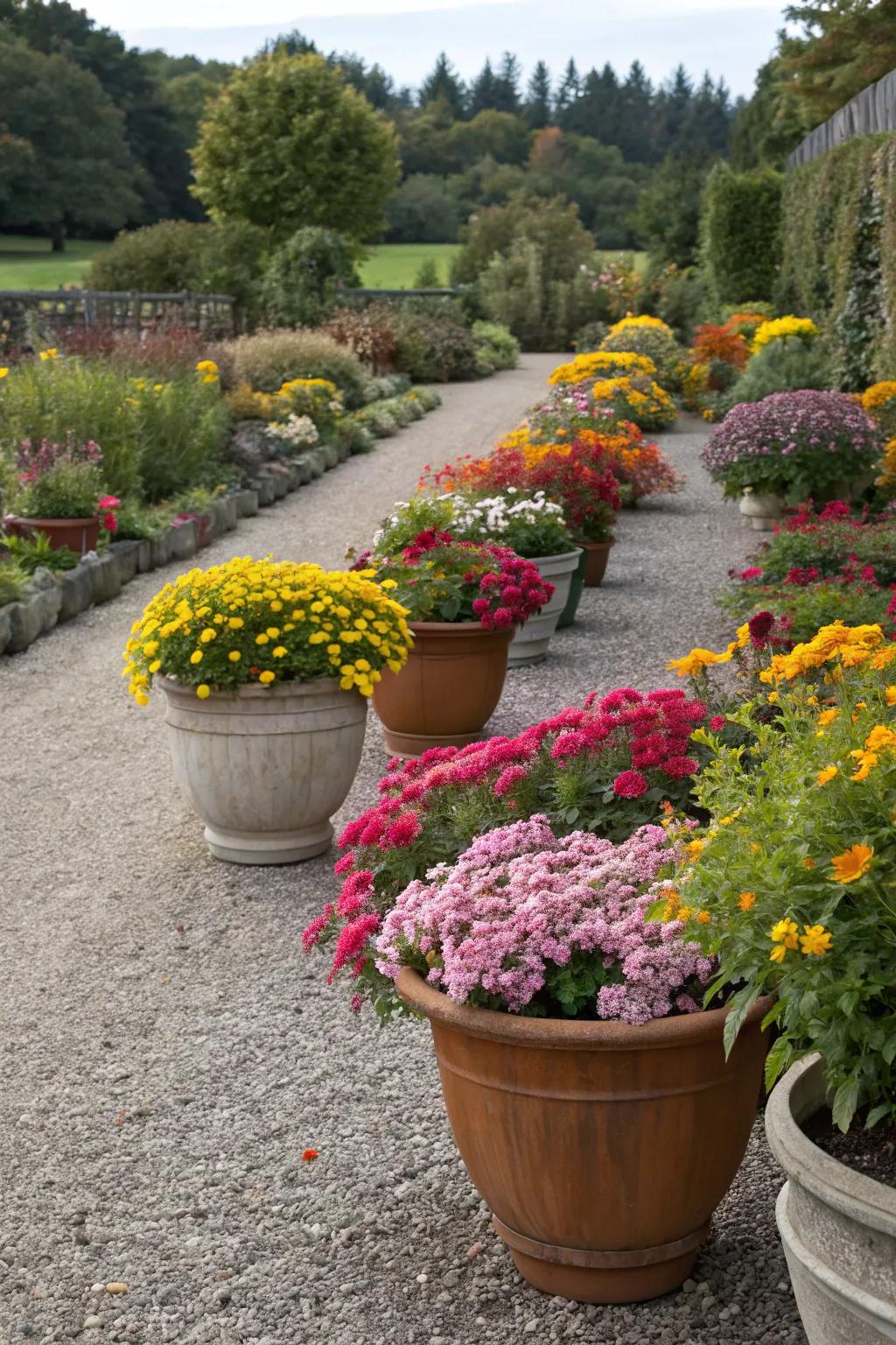 The garden is continuously invigorated by seasonal blooms and vibrant colors, enhancing its dynamic appeal.