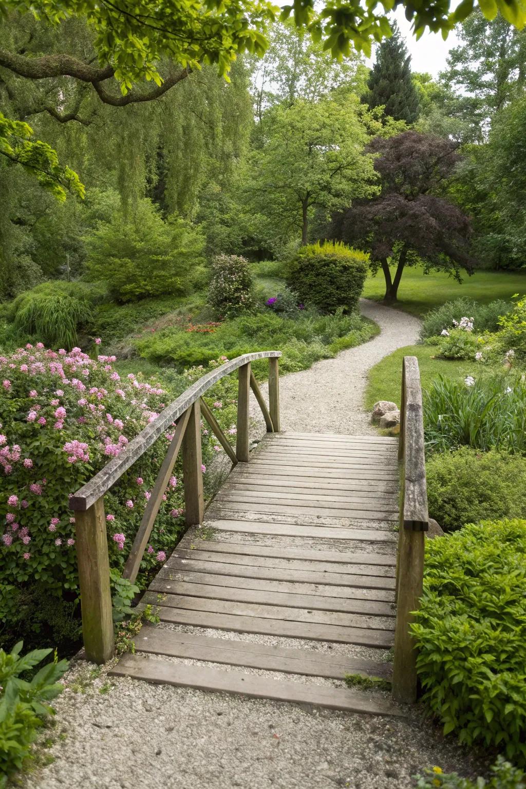 A quaint garden overpass bridging a gravel walkway